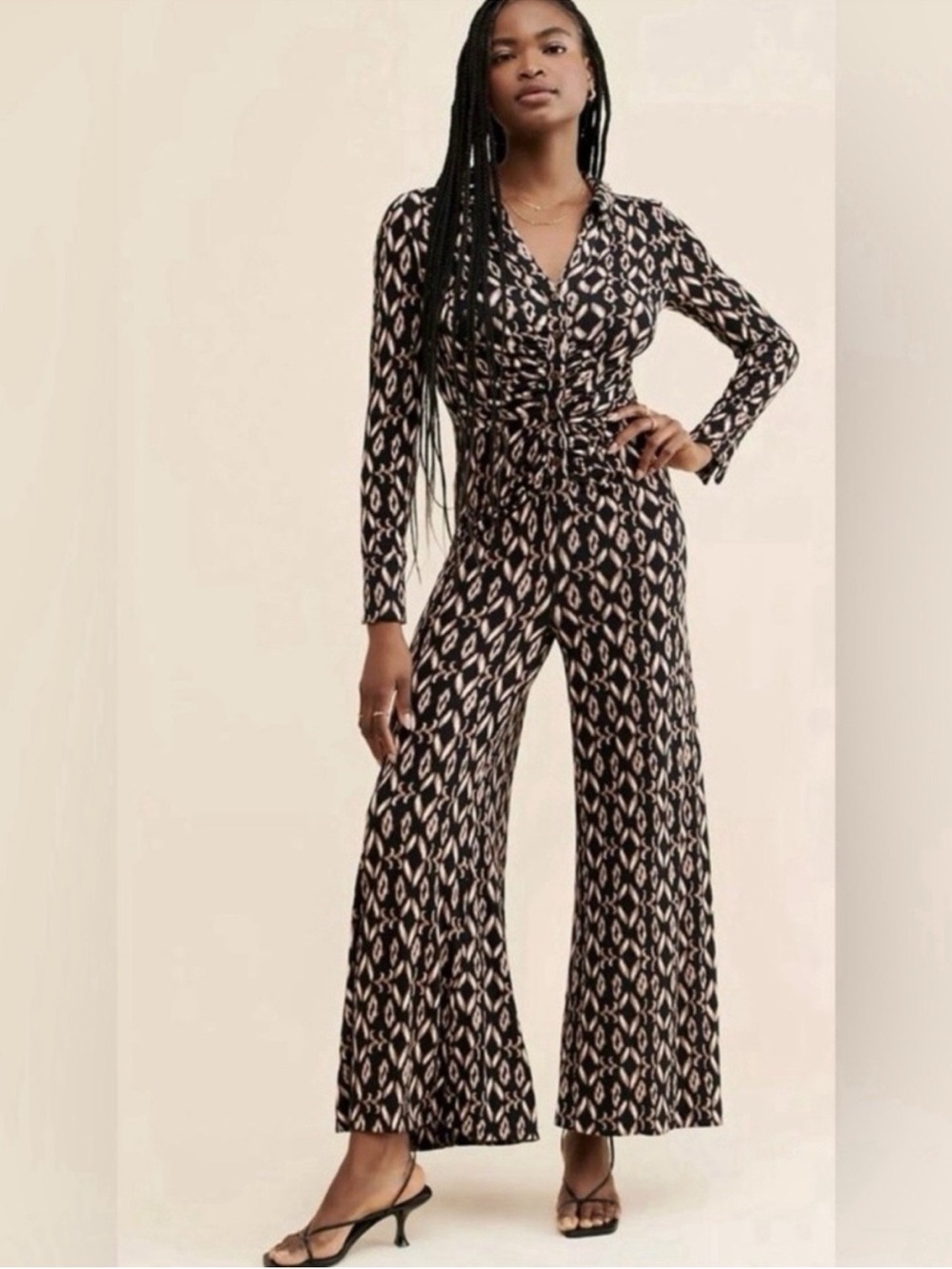 Free People Shayla Wide Leg Geometric Pattern Brown Jumpsuit Size S NWT